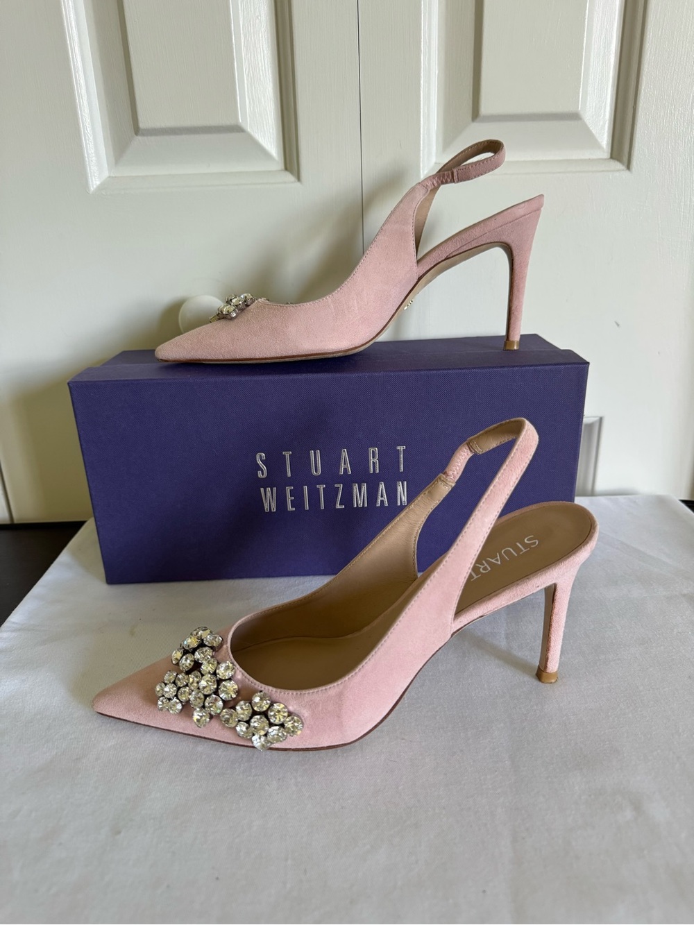 Stuart Weitzman Blush Pink Crystal-Embellished Slingback Pumps 6